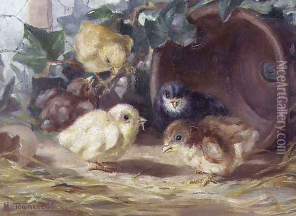 Five Chickens Oil Painting - Mabel Townesend