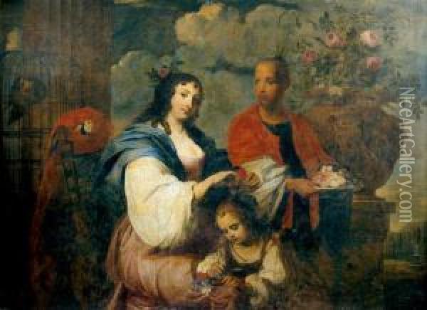 Jeune Femme Ornant Les Cheveux 
De Sa Fille De Fleurs Sur Une Terrasse Devant Un Jardin Classique Oil Painting - Pier Francesco Cittadini Il Milanese