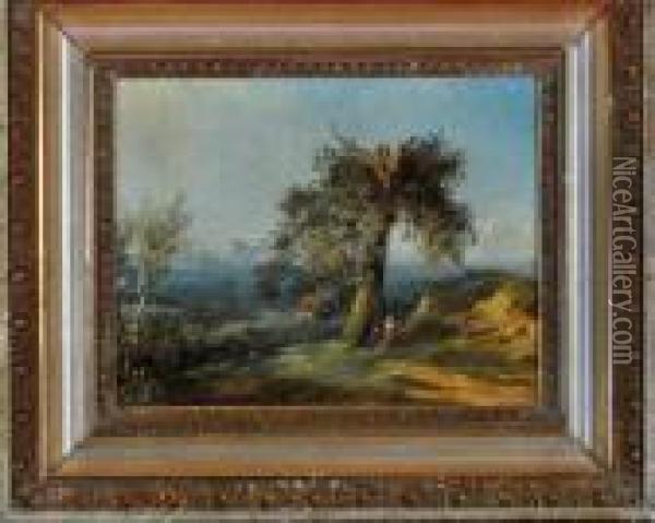 A Broad Landscape With A Man And Woman Conversing In The Shade Of A Tree Oil Painting - Patrick, Peter Nasmyth
