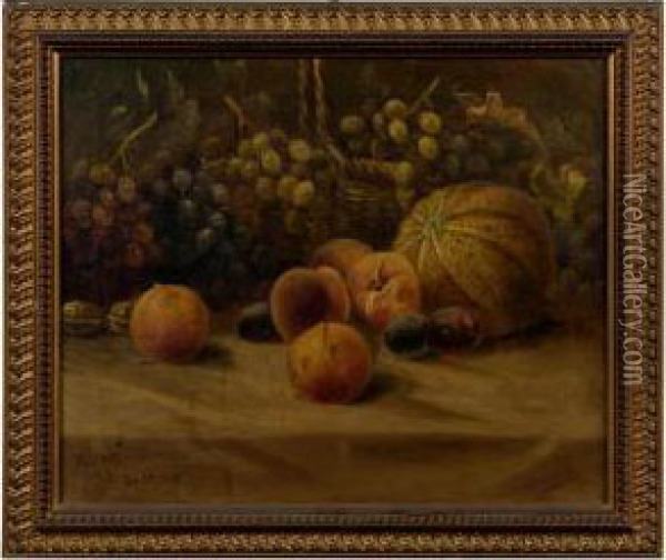 Still Life Of Peaches, Plums, Grapes And Cantaloupe. Oil Painting - Meyer Straus
