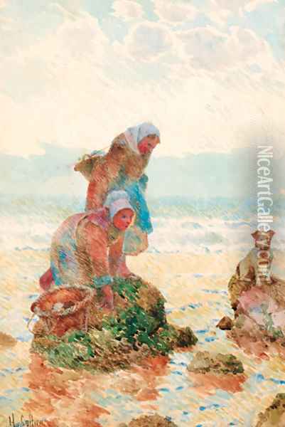 Figures on a beach gathering mussels with a dog Oil Painting - Hector Caffieri