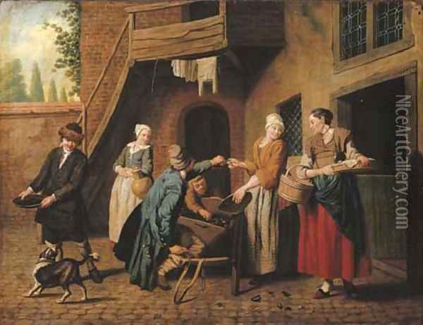A courtyard in a town with a mussel seller and other figures Oil Painting - Jan Jozef, the Younger Horemans