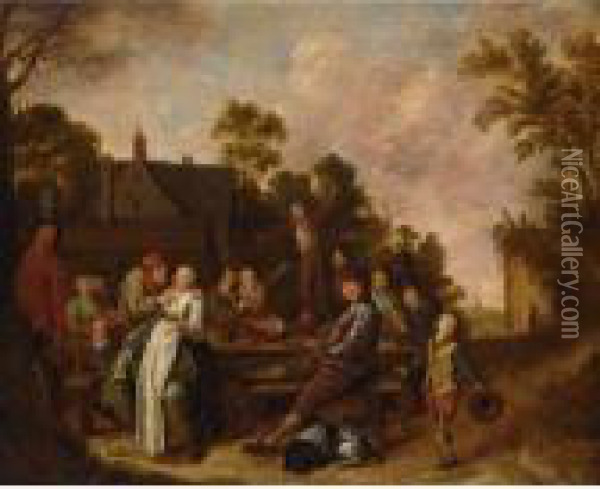 A Merry Company Drinking And Eating Outside An Inn Oil Painting - Jan Miense Molenaer