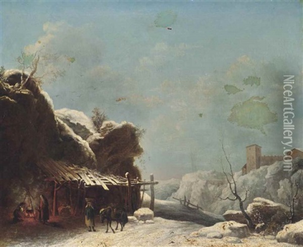 A Winter Landscape With A Forge, A Fortified City Beyond Oil Painting - Louis-Claude Malbranche