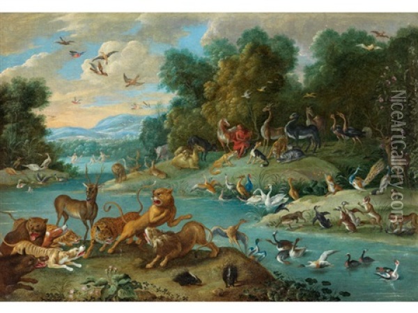 Paradieslandschaft Mit Orpheus, Um 1668 Oil Painting - Jan van Kessel the Elder