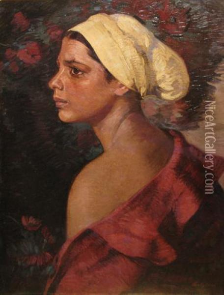 Tnara Cu Basma Alba Oil Painting - Petre Bulgaras