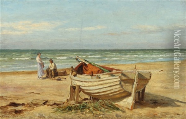 A Woman And A Fisherman On The Beach Oil Painting - Niels Frederik Schiottz-Jensen