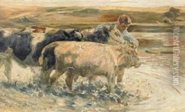 Boy With Two Cows In The Ford Oil Painting - Heinrich Johann Von Zugel