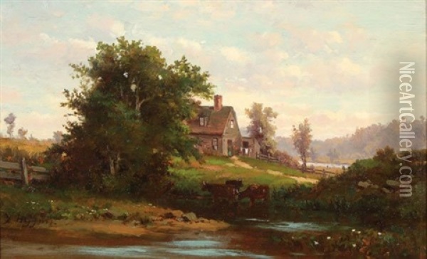 New England Summer Landscape With Farmhouse Oil Painting - George Frank Higgins