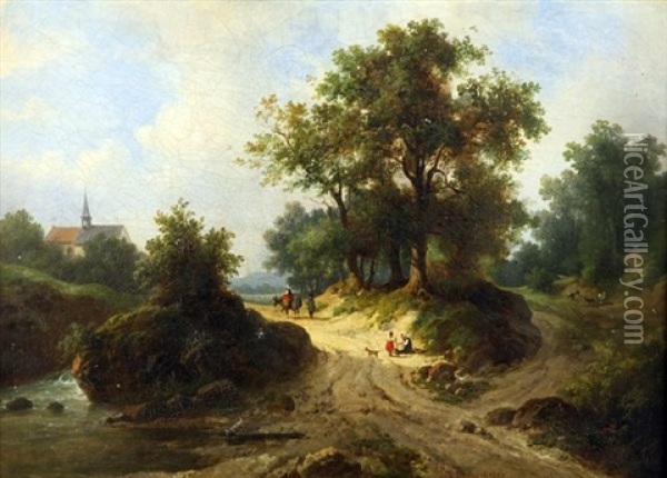 Villageois Dans Un Chemin De Sous-bois Oil Painting - Jacques-Hippolyte van der Burch