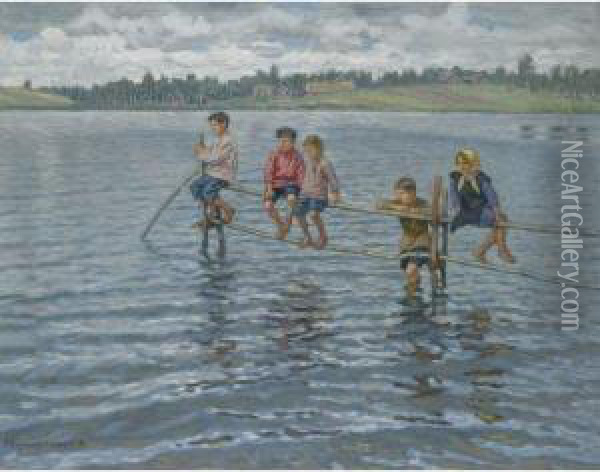 Children On The Lake Oil Painting - Nikolai Petrovich Bogdanov-Belsky