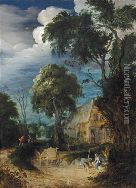 A Wooded Landscape With Figures Resting By A Cottage, A Horsedrawn Cart And Herdsmen Nearby Oil Painting - Abraham Govaerts