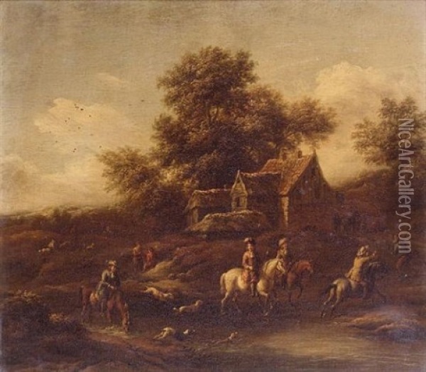 A Hunting Party Fording A Stream Oil Painting - Barend Gael