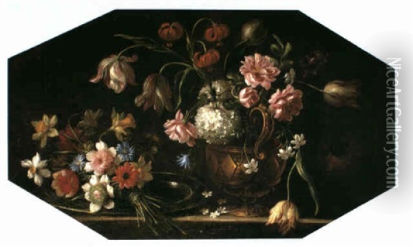 A Still Life Of Flowers Including Tulips, Lilies And Roses  In A Gilt Urn Upon A Ledge With A Posy Of Daffodils And Oil Painting - Giacomo Recco