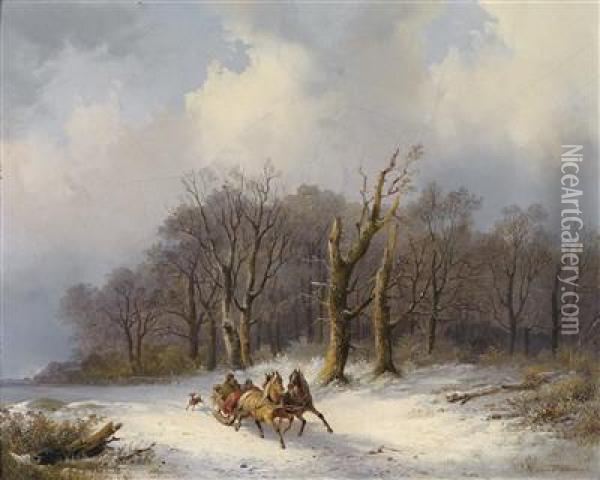 Landscape In Winter With Horse-drawn Sleigh In The Foreground Oil Painting - Remigius Adriannus van Haanen