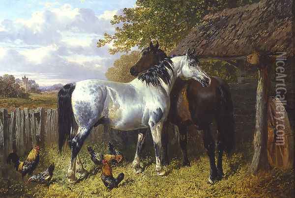 Horses and Poultry in a Paddock Oil Painting - John Frederick Herring Snr