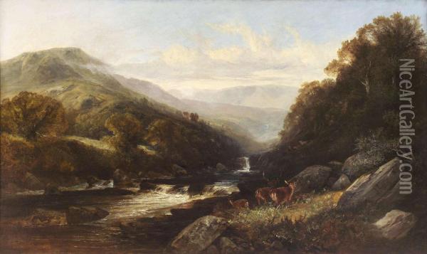 Deer In A Highland River Landscape Oil Painting - Joseph Adam