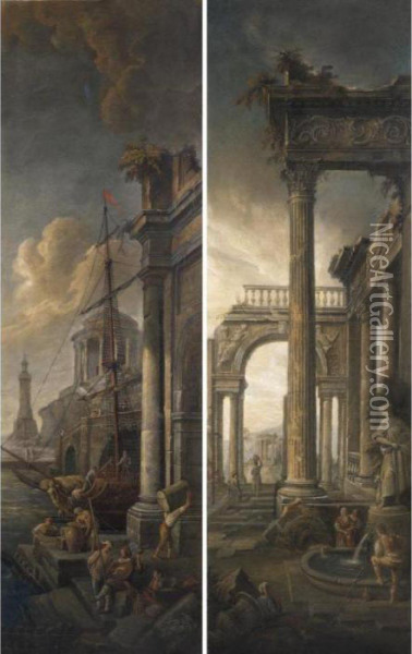 Capriccio Con Porto Fluviale E Ponte; Capriccio Con Ruderi E Fontana Oil Painting - Pietro Paltronieri Il Mirandolese