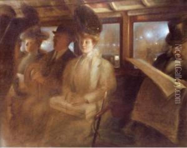 Voyageurs Dans L'omnibus A La Tombee De La Nuit. Oil Painting - Albert Guillaume