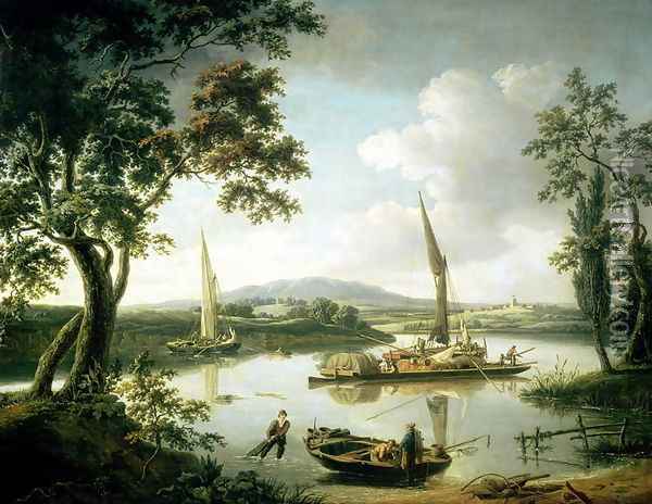 View of the Thames from Keen Edge Ferry, Shillingford - Looking across to Dorchester and the Sinodun Hills, 1823 Oil Painting - John Thomas Serres