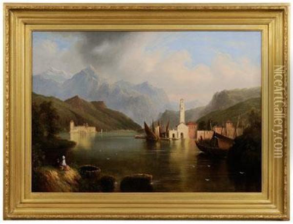 Italian Lake Withfigures And Boats Oil Painting - Edmund C. Coates