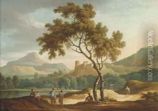 An Italianate river landscape with travellers conversing on a road Oil Painting - Joseph Augustus Knip