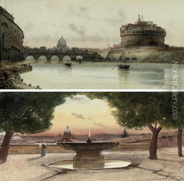 The Castel Sant'angelo, Rome; And The Fountain At The Villaborghese, Rome Oil Painting - Federico Schianchi
