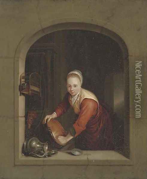 A girl washing pans at a casement Oil Painting - Gerrit Dou