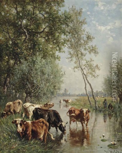 Watering Cows Near The River Gein, Abcoude Oil Painting - Willem Roelofs