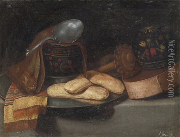 A Chocolate Service With A Wooden Box Of Packed Chocolate, Two Lacquered Gourd Drinking Bowls, A Wooden Milk Whisk, Napkins, A Spoon And Pastries On A Pewter Plate Oil Painting - Juan Van Der Hamen Y Leon