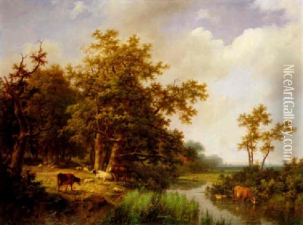 Bewaldete Flusslandschaft Mit Weidendem Vieh Oil Painting - Marianus Adrianus Koekkoek