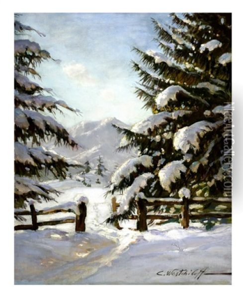 Winter Landscape Oil Painting - Kostantine Weschiloff Alexandrovich