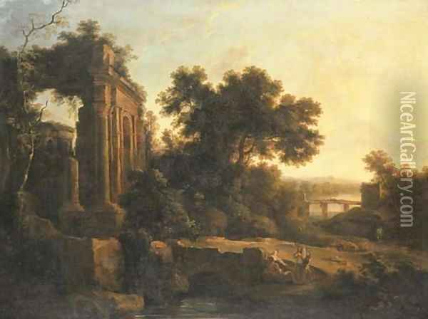 An Italianate landscape with classical ruins and figures conversing by a bridge Oil Painting - Pierre-Antoine Patel