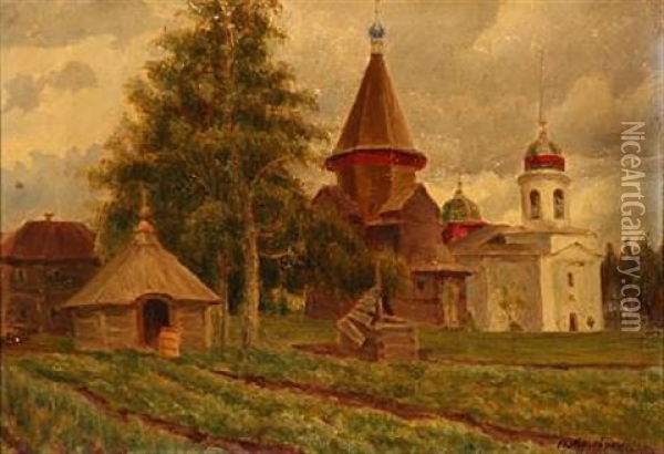 At A Russian Church On The Country Oil Painting - Sergei Dmitrievich Miloradovich