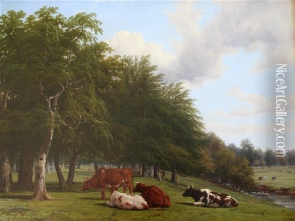 Cattle In Wooded Pasture Oil Painting - Thomas Baker