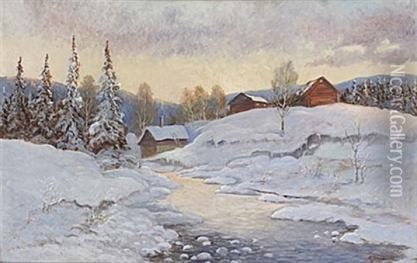 Vinterlandskap Oil Painting - Carl (August) Johansson
