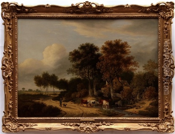 Landscape With Herder And Cattle Oil Painting - Samuel David Colkett