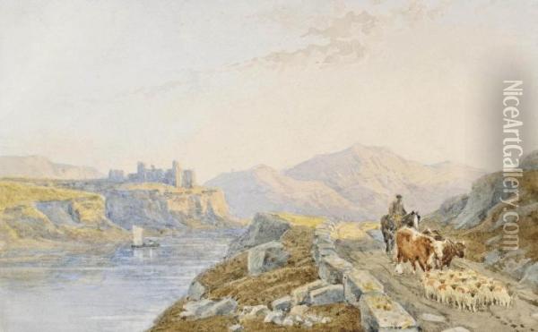 A Drover With Sheep And Cattle In A Mountainous Landscape, A Ruined Castle Beyond Oil Painting - Edmund Dorrell
