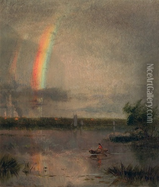 Rainbow At The Lake Oil Painting - William M. Hart