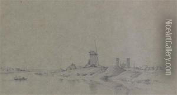 Windmill Beside An Estuary Oil Painting - Eugene Verboeckhoven