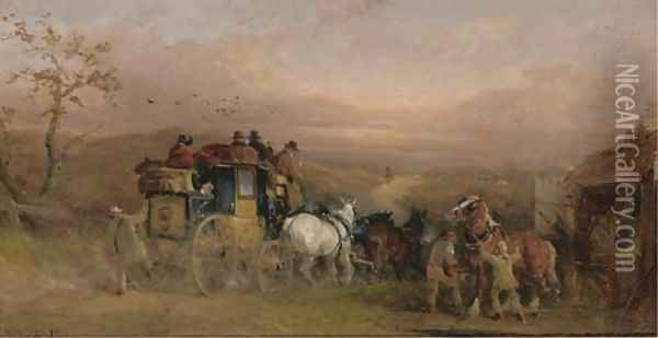 A coach and four at a blacksmiths Oil Painting - William Joseph Shayer