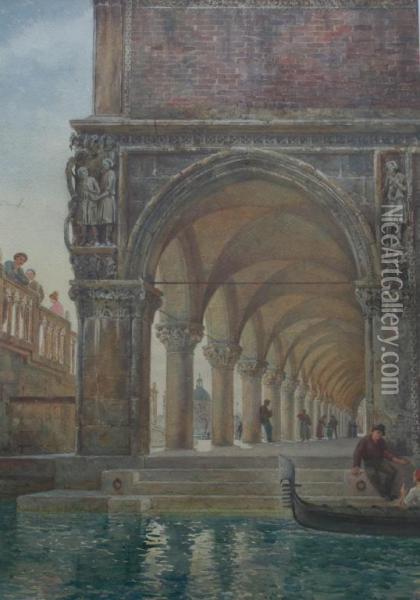 Gondoliers At The Doge's Palace, Venice Oil Painting - William Harding Collingwood-Smith