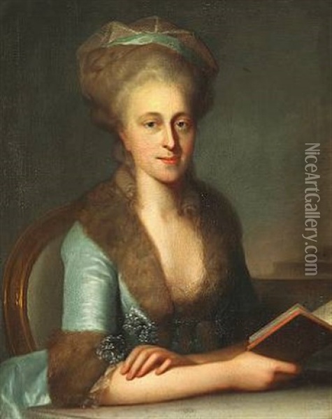 Portrait Of Johanne Charlotte Sophie Zinn, Nee Preisler (1754-1833) In A Blue Silk Dress With Fur Edging Oil Painting - Erik Pauelsen