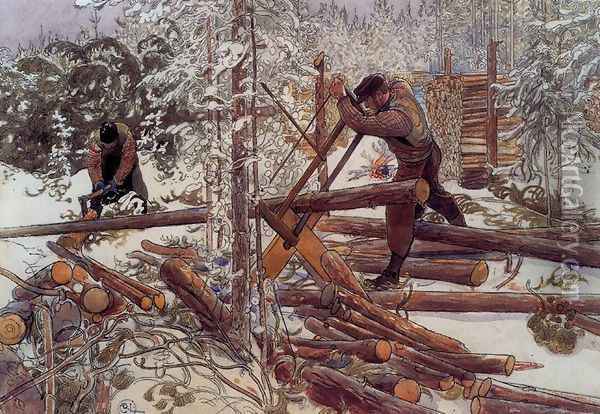 Woodcutters in the forest Oil Painting - Carl Larsson