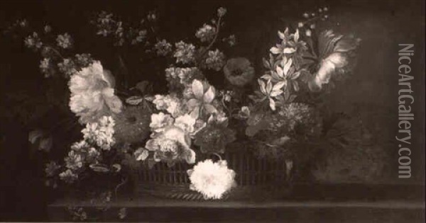 Still Life Of Flowers In A Wicker Basket Upon A Ledge Oil Painting - Jean-Baptiste Monnoyer