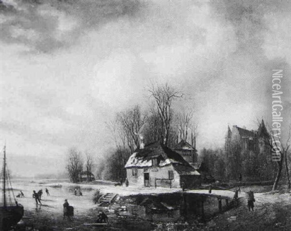 Winter Landscape With Figures On The River Oil Painting - Andreas Schelfhout
