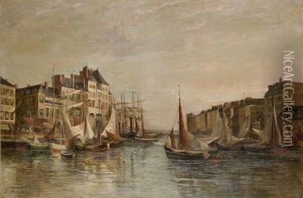 Port De Peche (honfleur?) Oil Painting - Jacques Alfred Brielman