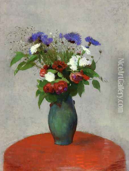 Vase Of Flowers On A Red Tablecloth Oil Painting - Odilon Redon