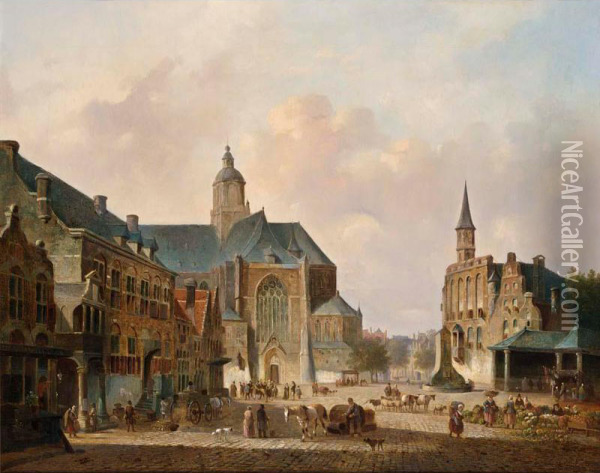 A Busy Day On A Town Square Oil Painting - Cornelis De Kruijff
