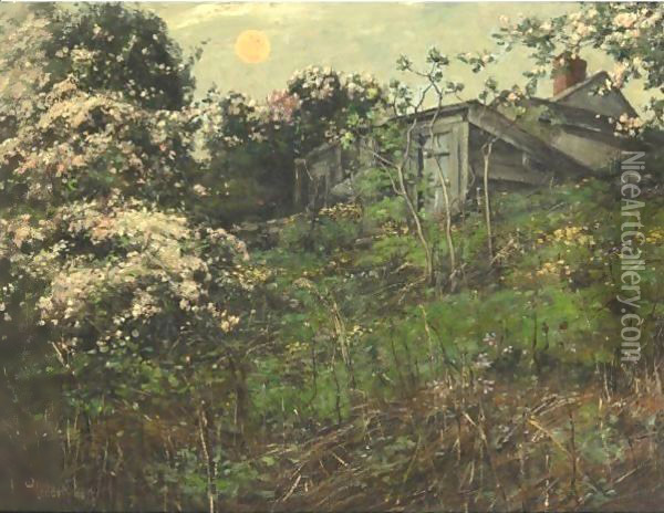 Apple Blossoms And Pink Moon Oil Painting - Frederick Childe Hassam